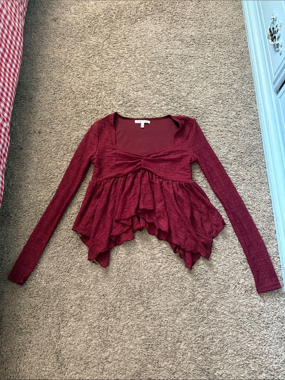 Wine Red Ruffled Peplum Long Sleeve Top